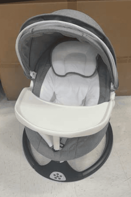 Recalled ZRWD Infant Swing with Gray and White Fabric and Black Base